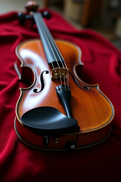 Viola antica su un panno di velluto rosso nel laboratorio di liuteria.